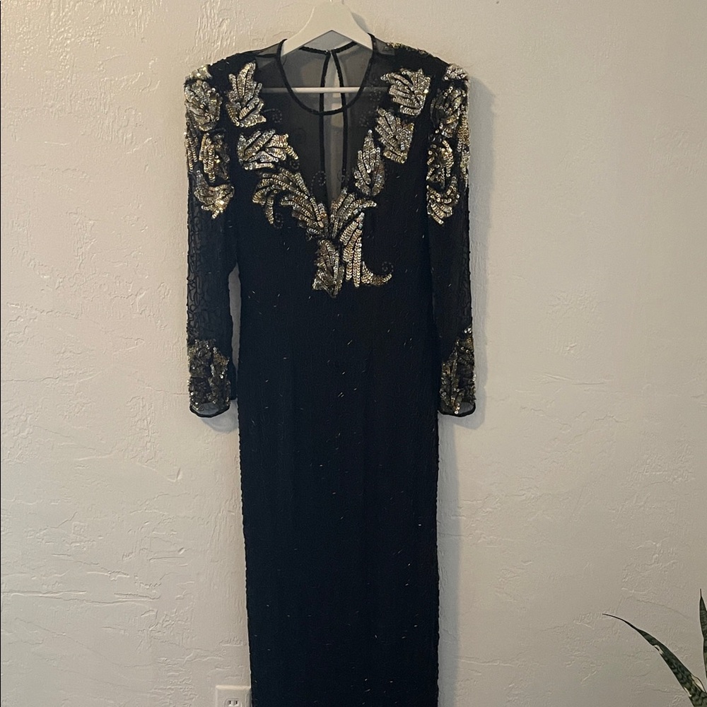 VINTAGE SCALA SILK GOWN BLACK BEADED LEAF EMBELLISHMENTS, MEDIUM